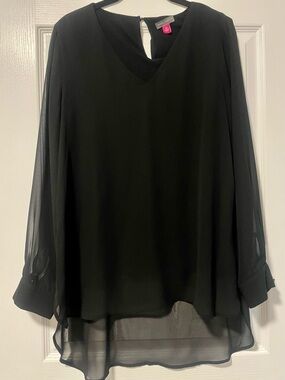 Vince Camuto Black Sheer V-Neck Long-Sleeve Blouse